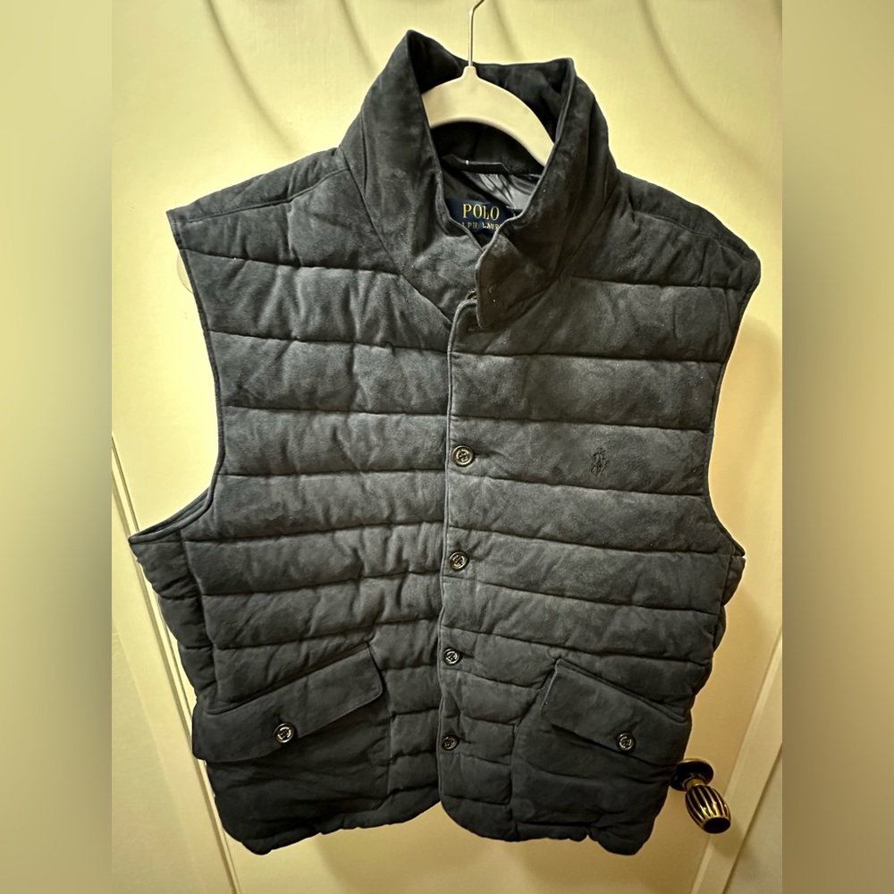 NWT Polo Ralph Lauren Mens Size Large Blue Goat Suede Leather Puff Vest $898